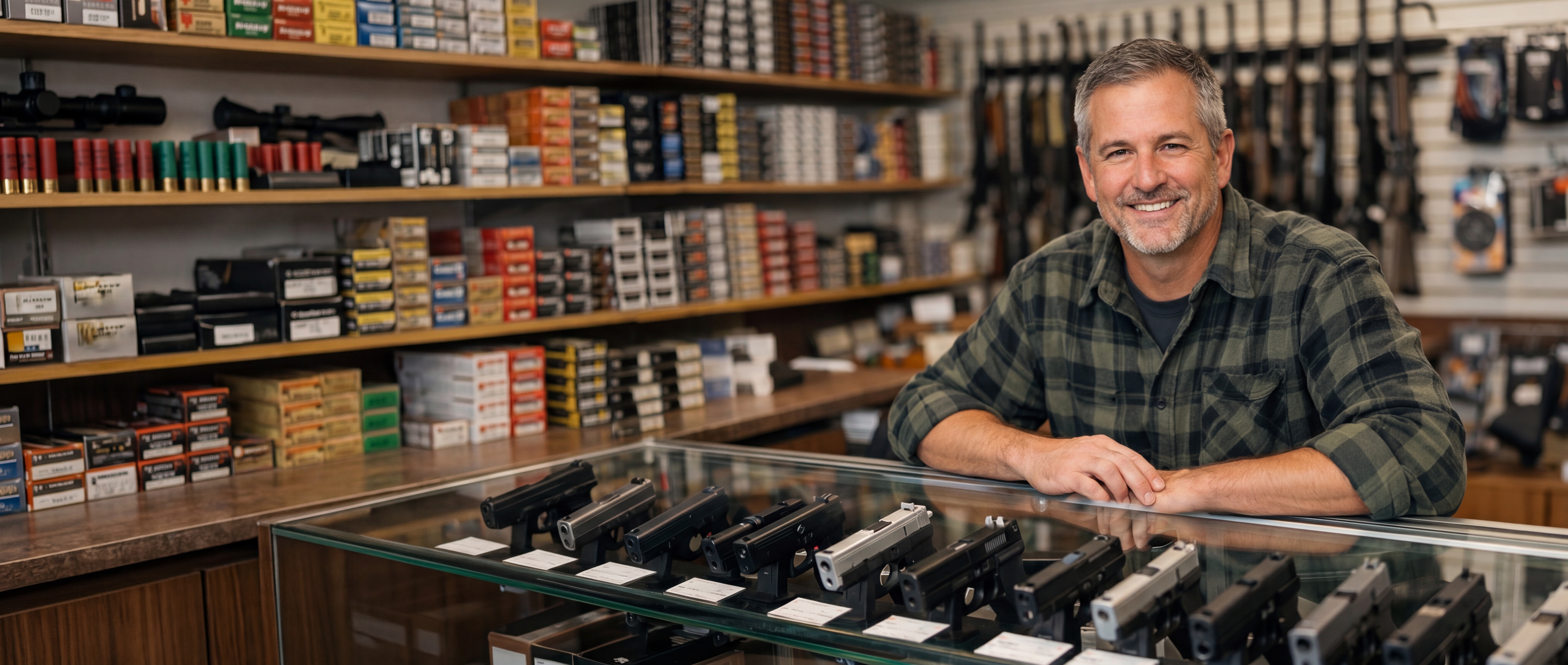 Gun store owner standing behind handgun display counter
