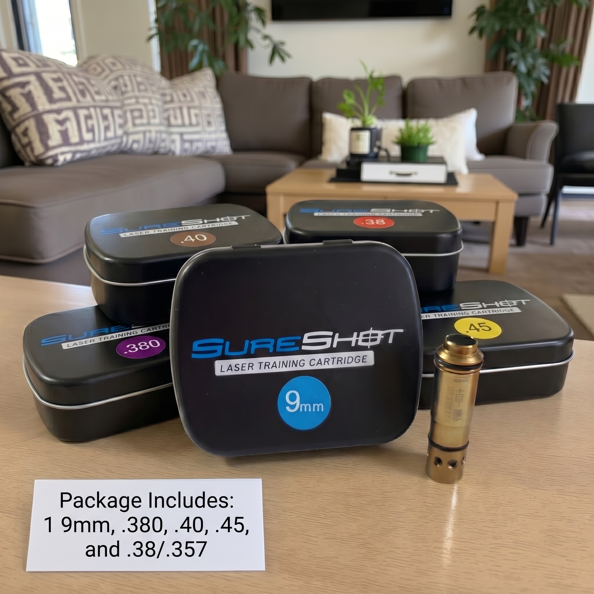 Complete SureShot laser training cartridge package including 9mm, .380, .40, .45, and .38/.357 calibers