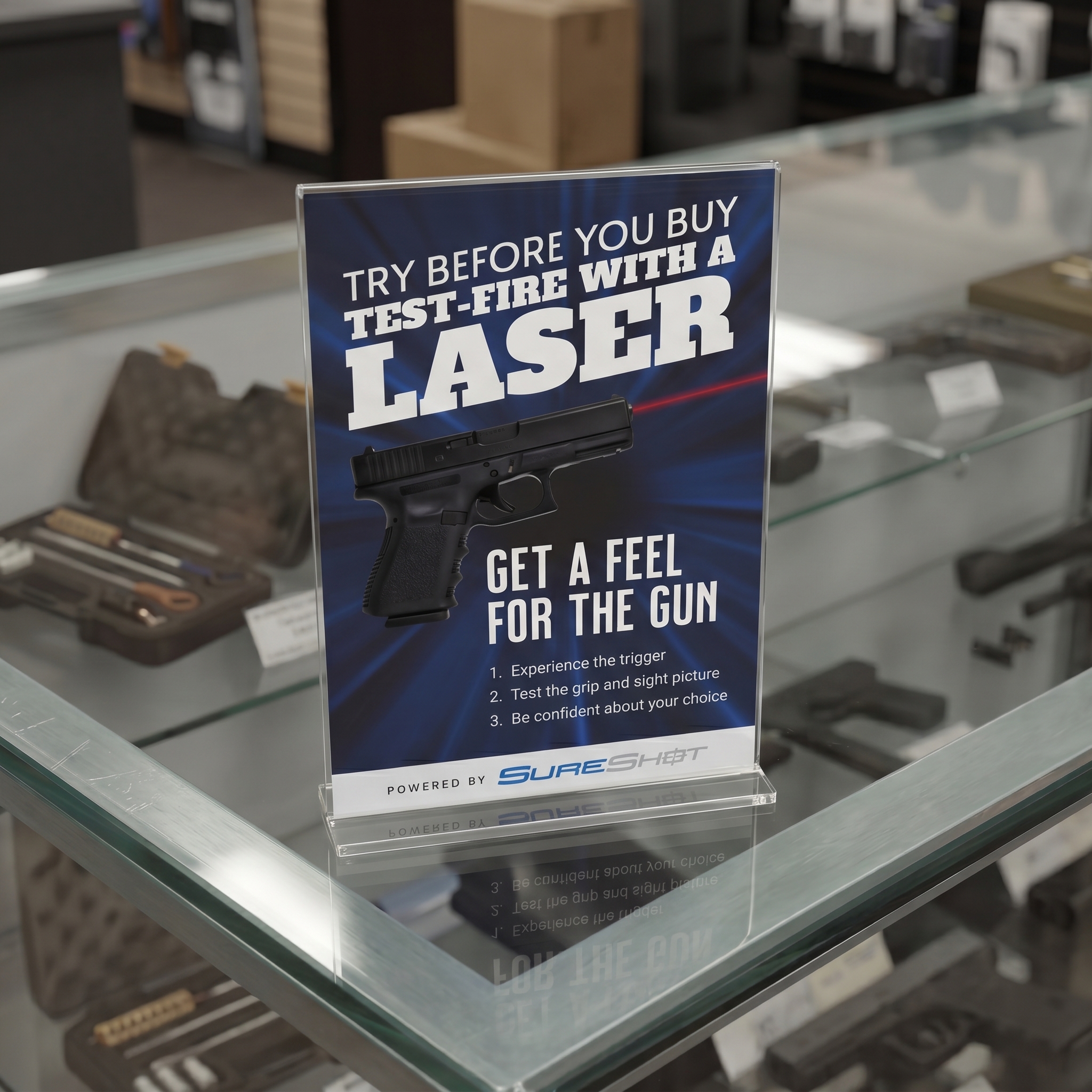 Try Before You Buy tabletop sign displayed on gun store counter